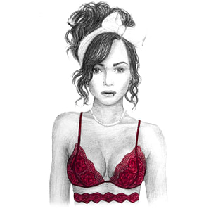 Avatar for Little Switch Bitch Blog Pencil drawing of girl wearing red lace bra top with Hair held up by large white bow